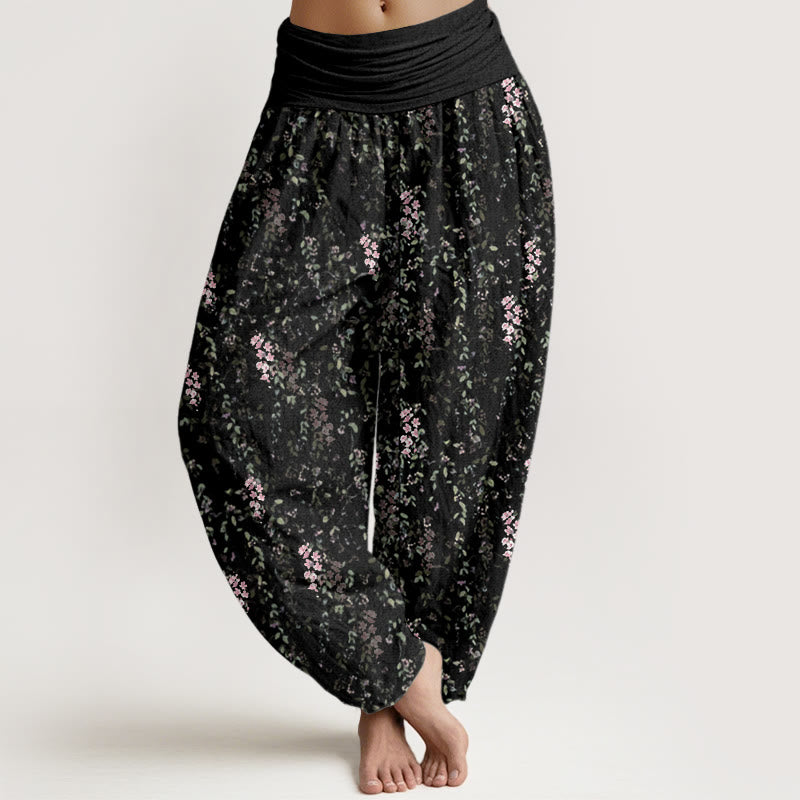 Pantalon harem à taille élastique pour femme, en coton décontracté à motif de petites fleurs et Buddha Stones - Noir - US22，UK/AU26，EU54 (6XL) - image 7