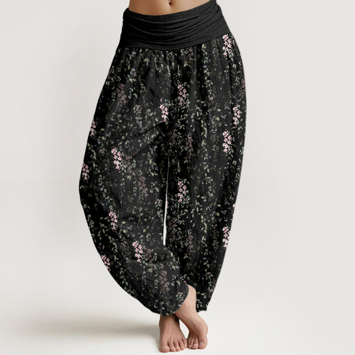 Pantalon harem à taille élastique pour femme, en coton décontracté à motif de petites fleurs et Buddha Stones - Noir - US22，UK/AU26，EU54 (6XL) - image 7