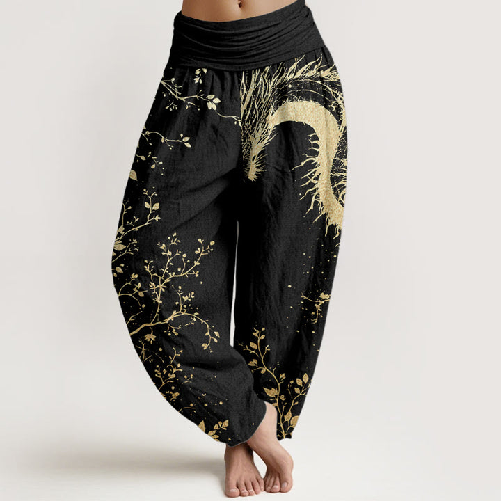 Pantalon Buddha Stones décontracté en pur coton avec motif de dragon, de fleur et de feuille, taille élastique pour femme