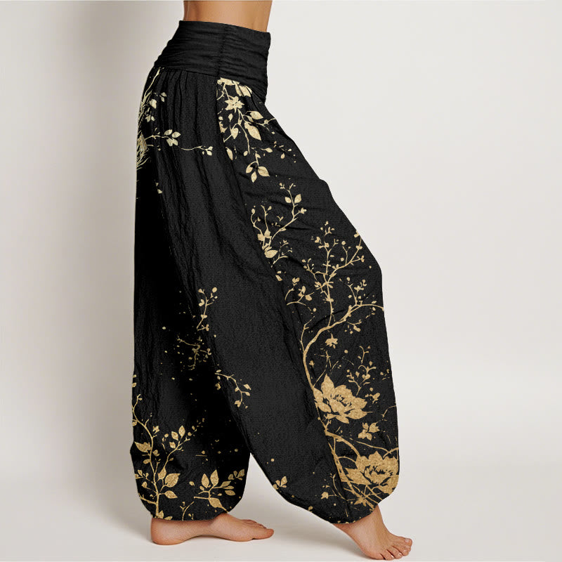 Pantalon Buddha Stones décontracté en pur coton avec motif de dragon, de fleur et de feuille, taille élastique pour femme