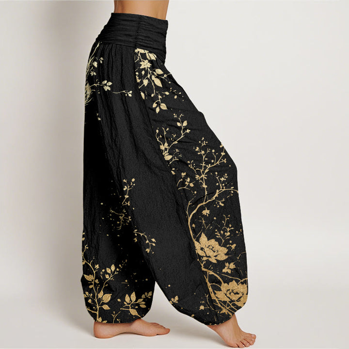 Pantalon Buddha Stones décontracté en pur coton avec motif de dragon, de fleur et de feuille, taille élastique pour femme
