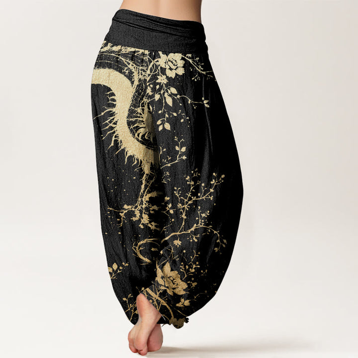 Pantalon Buddha Stones décontracté en pur coton avec motif de dragon, de fleur et de feuille, taille élastique pour femme