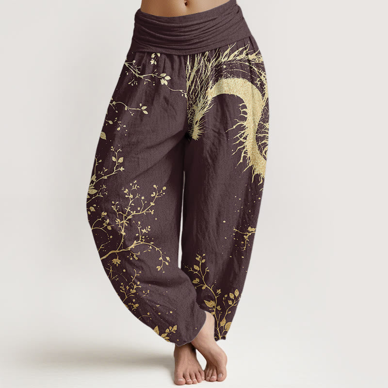 Pantalon Buddha Stones décontracté en pur coton avec motif de dragon, de fleur et de feuille, taille élastique pour femme