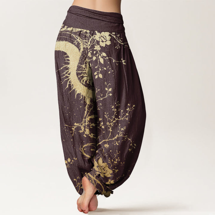 Pantalon Buddha Stones décontracté en pur coton avec motif de dragon, de fleur et de feuille, taille élastique pour femme - image 7