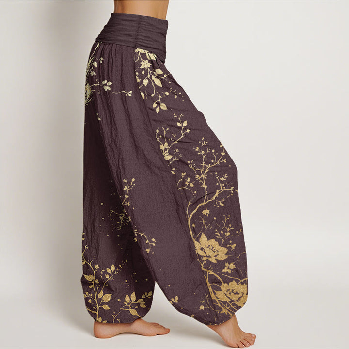 Pantalon Buddha Stones décontracté en pur coton avec motif de dragon, de fleur et de feuille, taille élastique pour femme