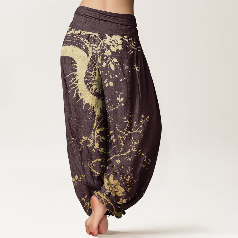 Pantalon Buddha Stones décontracté en pur coton avec motif de dragon, de fleur et de feuille, taille élastique pour femme