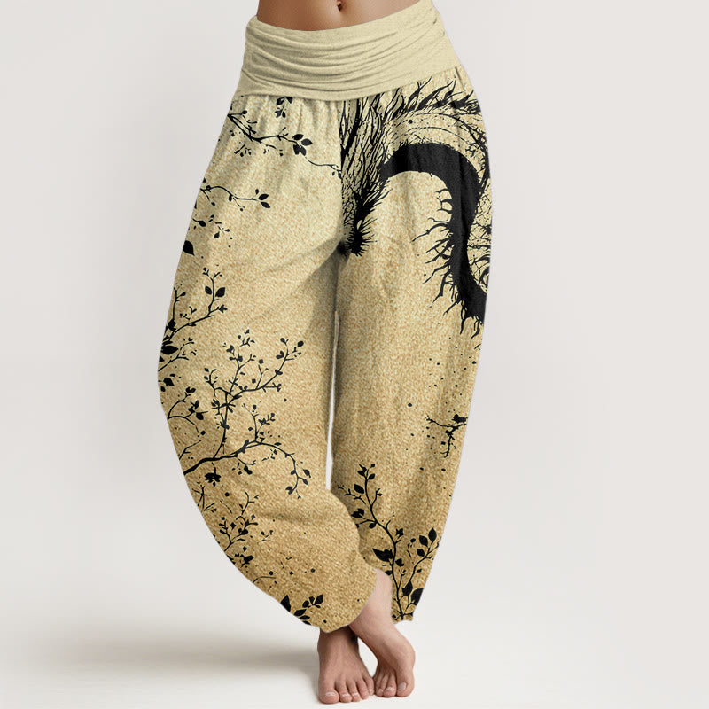 Pantalon Buddha Stones décontracté en pur coton avec motif de dragon, de fleur et de feuille, taille élastique pour femme