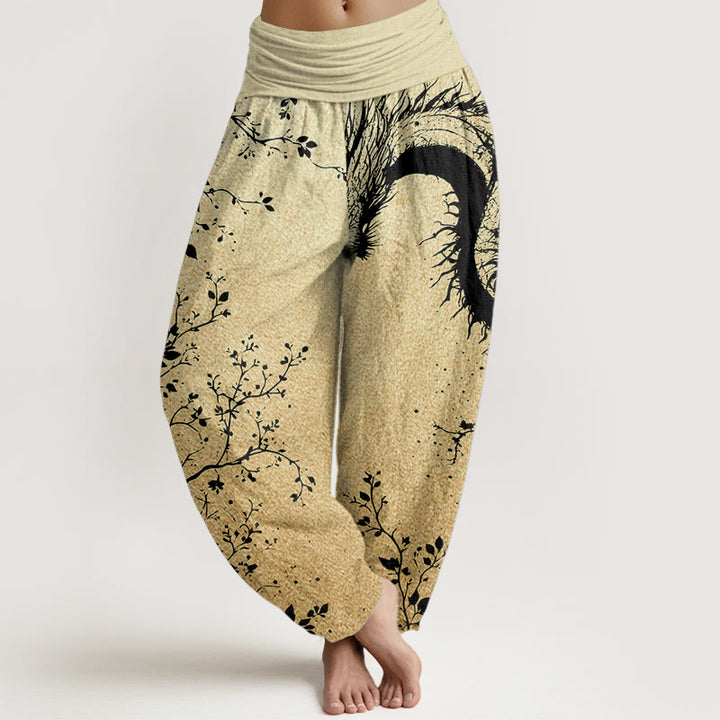 Pantalon Buddha Stones décontracté en pur coton avec motif de dragon, de fleur et de feuille, taille élastique pour femme