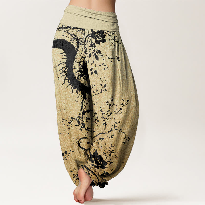 Pantalon Buddha Stones décontracté en pur coton avec motif de dragon, de fleur et de feuille, taille élastique pour femme
