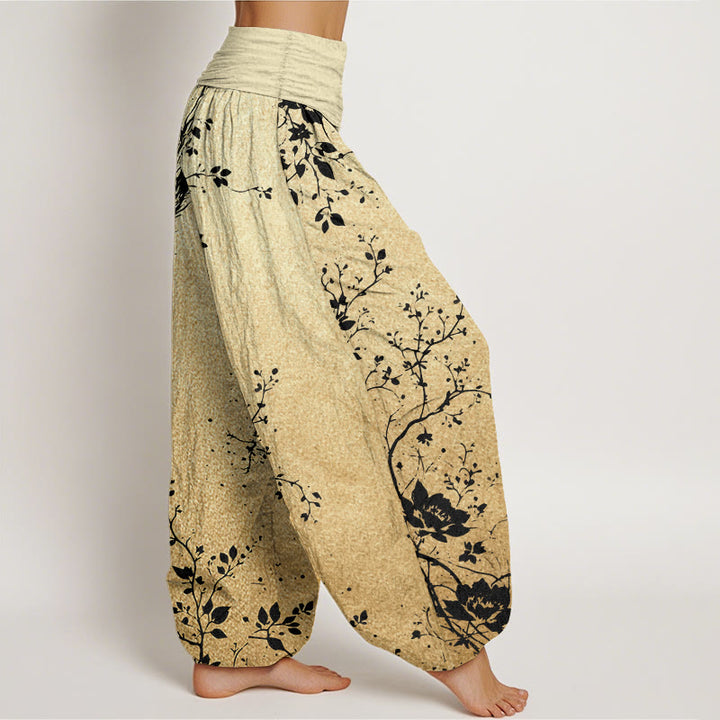 Pantalon Buddha Stones décontracté en pur coton avec motif de dragon, de fleur et de feuille, taille élastique pour femme