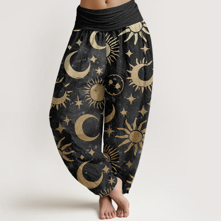 Pantalon Buddha Stones en pur coton avec motif croissant de lune, soleil et étoiles pour femme, taille élastique