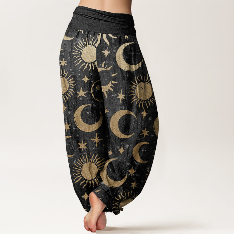 Pantalon Buddha Stones en pur coton avec motif croissant de lune, soleil et étoiles pour femme, taille élastique - image 1