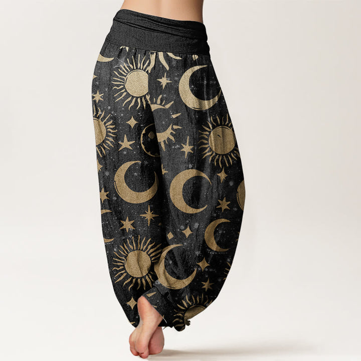 Pantalon Buddha Stones en pur coton avec motif croissant de lune, soleil et étoiles pour femme, taille élastique