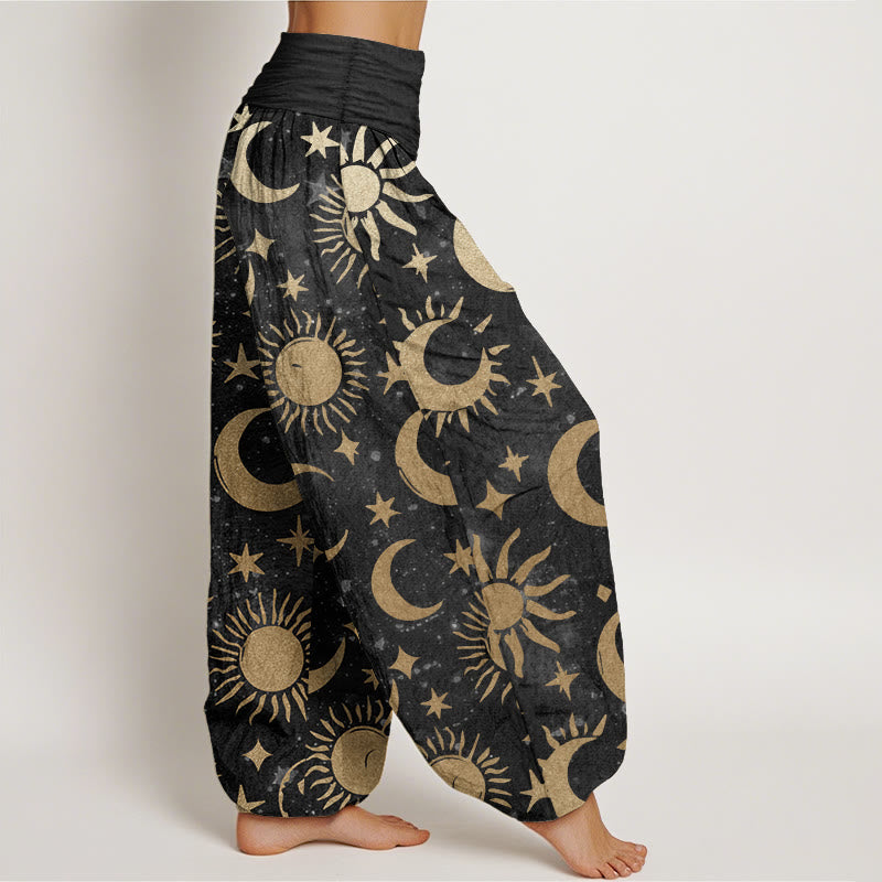 Pantalon Buddha Stones en pur coton avec motif croissant de lune, soleil et étoiles pour femme, taille élastique