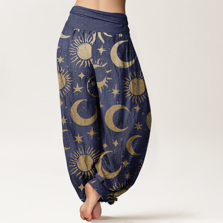 Pantalon Buddha Stones en pur coton avec motif croissant de lune, soleil et étoiles pour femme, taille élastique