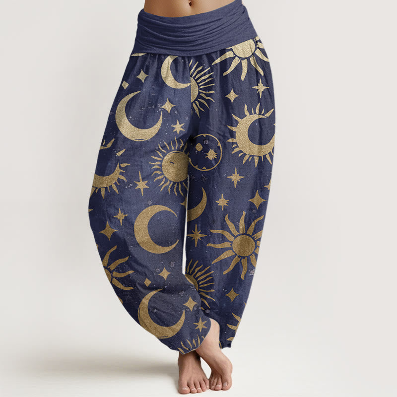 Pantalon Buddha Stones en pur coton avec motif croissant de lune, soleil et étoiles pour femme, taille élastique