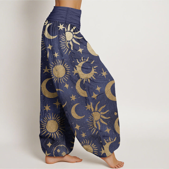 Pantalon Buddha Stones en pur coton avec motif croissant de lune, soleil et étoiles pour femme, taille élastique