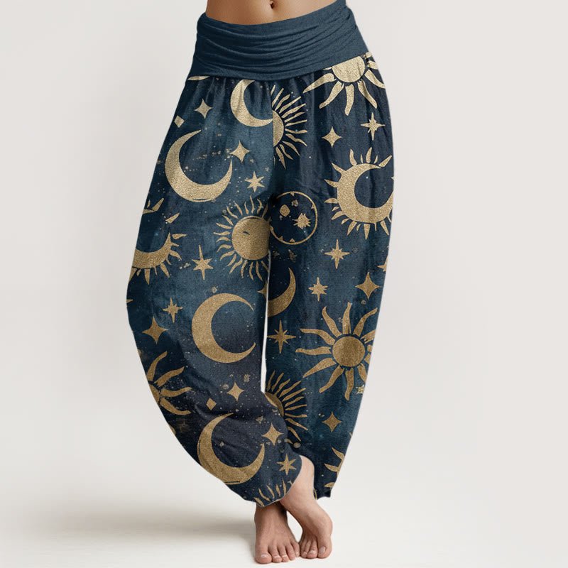 Pantalon Buddha Stones en pur coton avec motif croissant de lune, soleil et étoiles pour femme, taille élastique