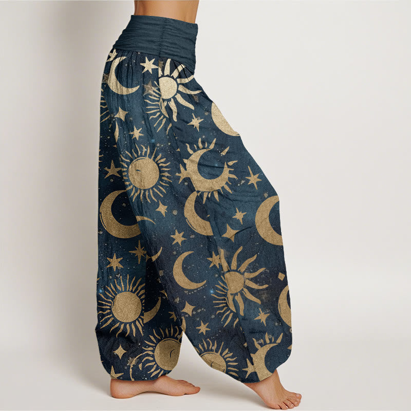 Pantalon Buddha Stones en pur coton avec motif croissant de lune, soleil et étoiles pour femme, taille élastique