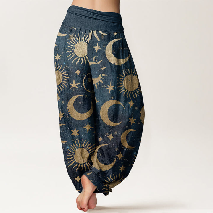 Pantalon Buddha Stones en pur coton avec motif croissant de lune, soleil et étoiles pour femme, taille élastique