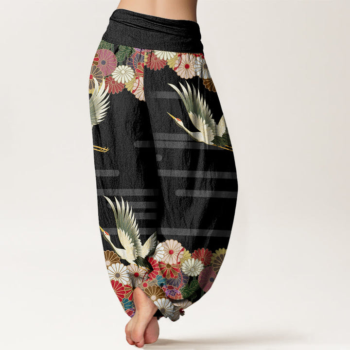 Pantalon harem femme en coton décontracté à motif grue et chrysanthème et Buddha Stones, taille élastique - image 2