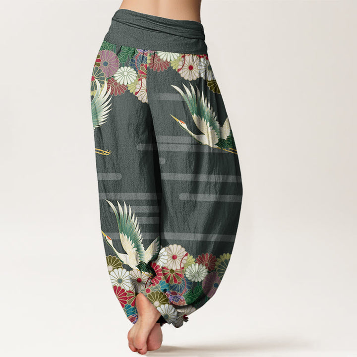 Pantalon harem femme en coton décontracté à motif grue et chrysanthème et Buddha Stones, taille élastique - image 6