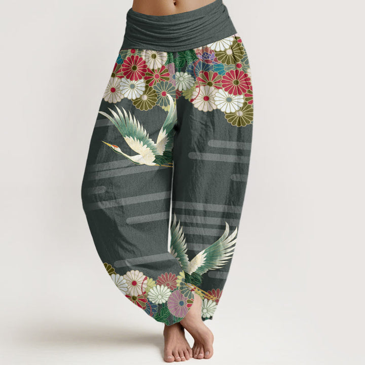 Pantalon harem femme en coton décontracté à motif grue et chrysanthème et Buddha Stones, taille élastique - Vert d'eau - US22，UK/AU26，EU54 (6XL) - image 4