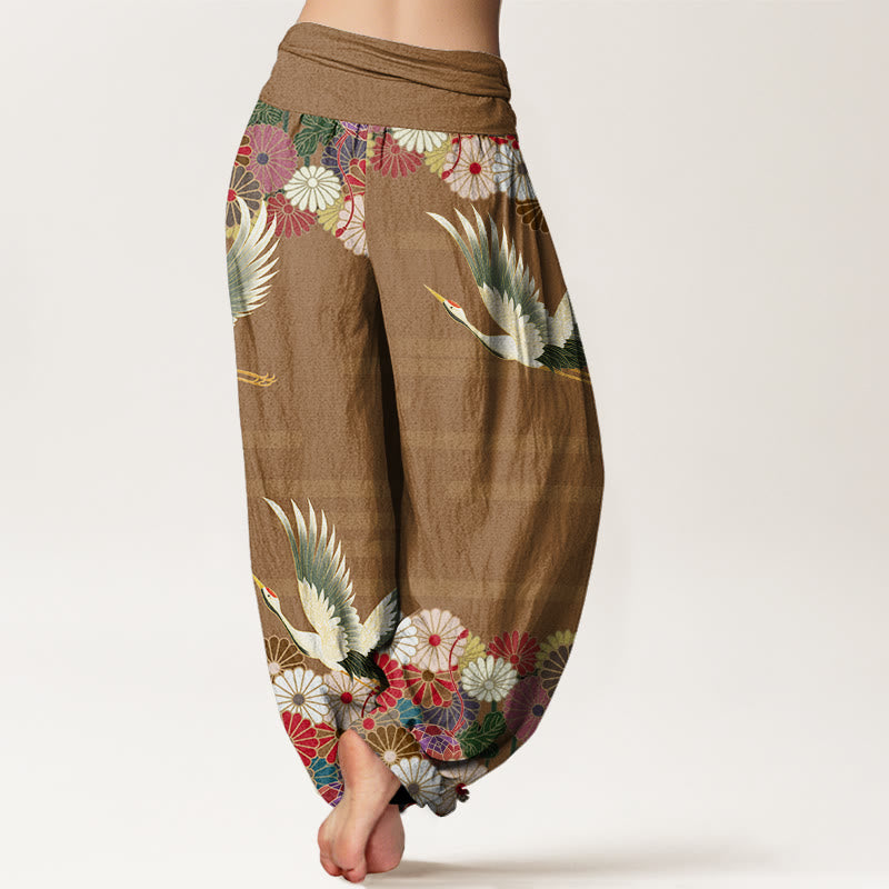 Pantalon harem femme en coton décontracté à motif grue et chrysanthème et Buddha Stones, taille élastique - image 9