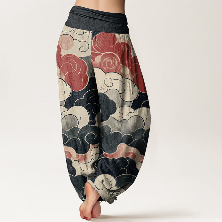 Pantalon sarouel décontracté en pur coton avec motif de nuages de bon augure et Buddha Stones pour femme, taille élastique