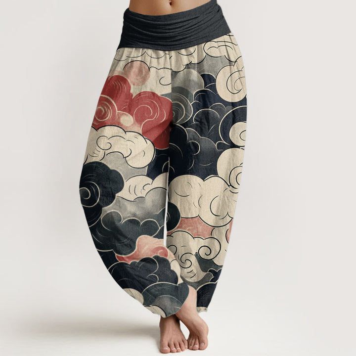 Pantalon sarouel décontracté en pur coton avec motif de nuages de bon augure et Buddha Stones pour femme, taille élastique