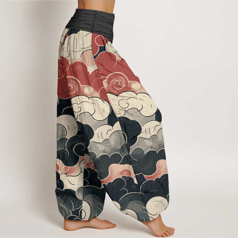 Pantalon sarouel décontracté en pur coton avec motif de nuages de bon augure et Buddha Stones pour femme, taille élastique