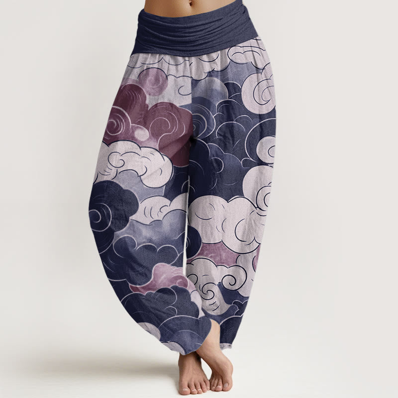 Pantalon sarouel décontracté en pur coton avec motif de nuages de bon augure et Buddha Stones pour femme, taille élastique
