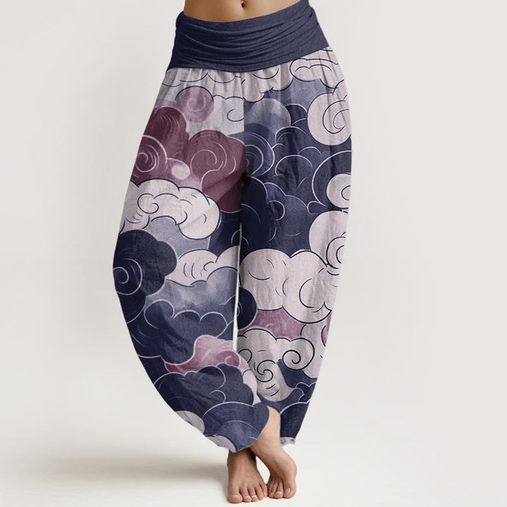 Pantalon sarouel décontracté en pur coton avec motif de nuages de bon augure et Buddha Stones pour femme, taille élastique