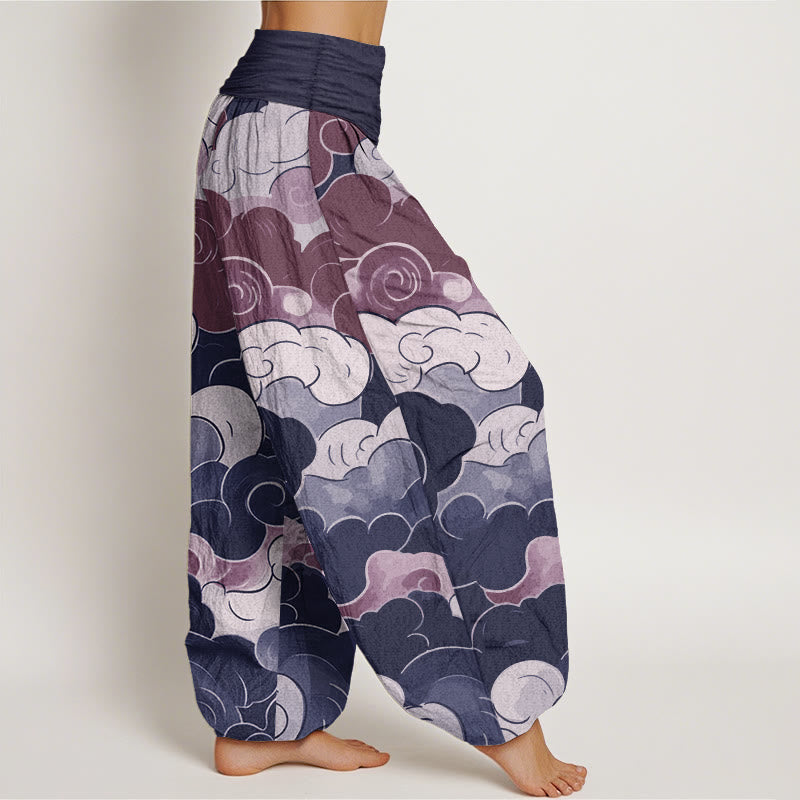Pantalon sarouel décontracté en pur coton avec motif de nuages de bon augure et Buddha Stones pour femme, taille élastique