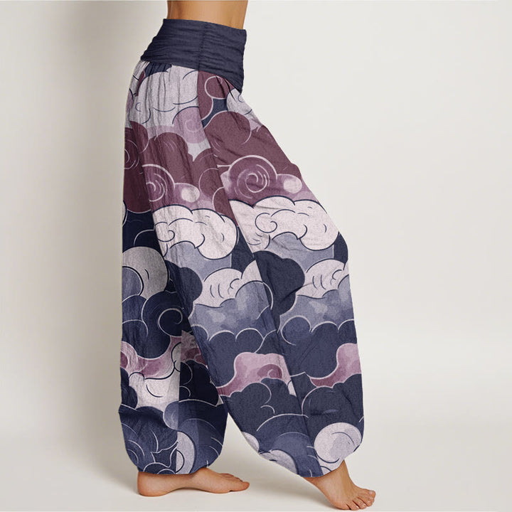 Pantalon sarouel décontracté en pur coton avec motif de nuages de bon augure et Buddha Stones pour femme, taille élastique