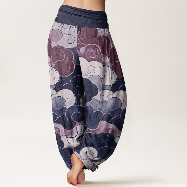 Pantalon sarouel décontracté en pur coton avec motif de nuages de bon augure et Buddha Stones pour femme, taille élastique