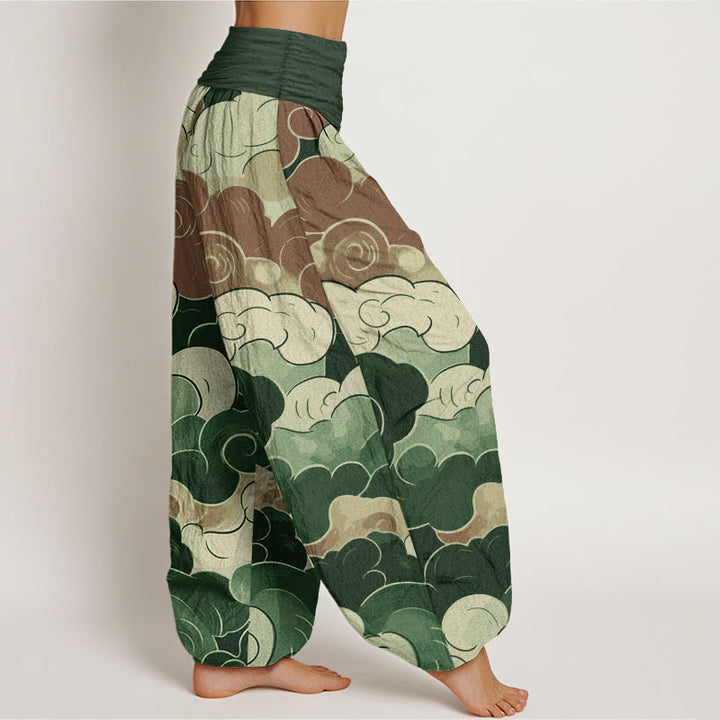 Pantalon sarouel décontracté en pur coton avec motif de nuages de bon augure et Buddha Stones pour femme, taille élastique