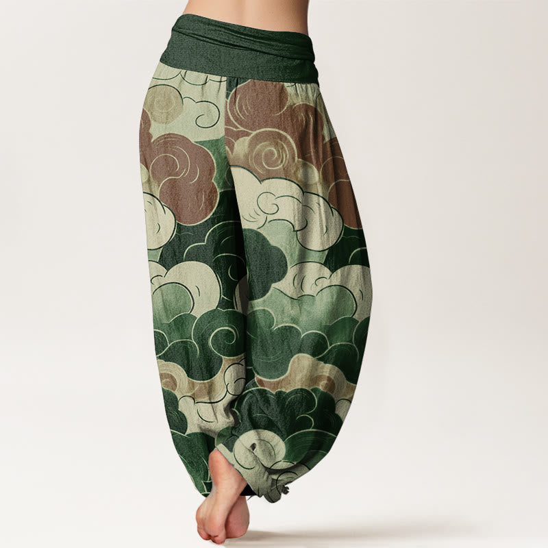Pantalon sarouel décontracté en pur coton avec motif de nuages de bon augure et Buddha Stones pour femme, taille élastique