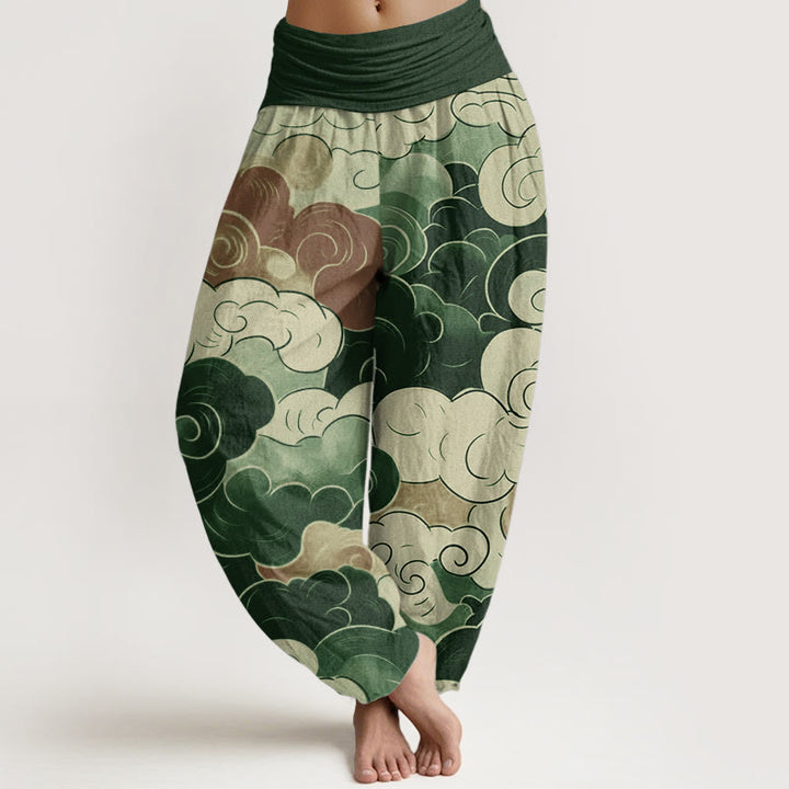 Pantalon sarouel décontracté en pur coton avec motif de nuages de bon augure et Buddha Stones pour femme, taille élastique