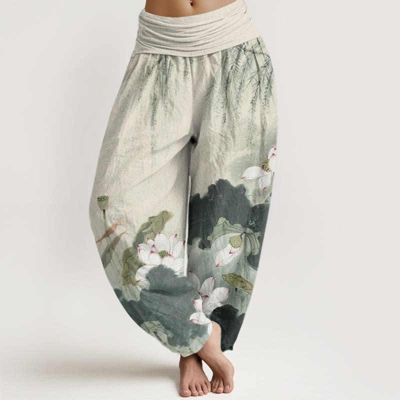 Pantalon sarouel décontracté à taille élastique pour femme avec motif de fleurs de lotus et Buddha Stones - Vert foncé - US22，UK/AU26，EU54 (6XL) - image 1