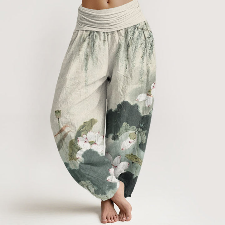 Pantalon sarouel décontracté à taille élastique pour femme avec motif de fleurs de lotus et Buddha Stones - Vert foncé - US22，UK/AU26，EU54 (6XL) - image 1