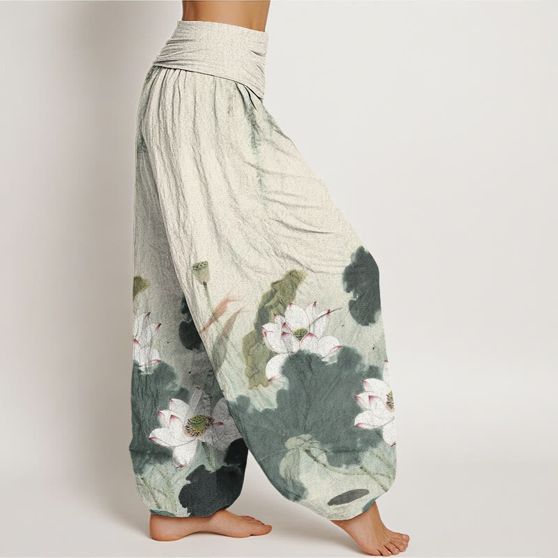 Pantalon harem femme en coton décontracté à motif de fleur de lotus et Buddha Stones , taille élastique - image 1