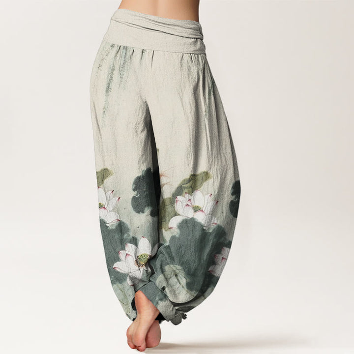Pantalon sarouel décontracté à taille élastique pour femme avec motif de fleurs de lotus et Buddha Stones - image 2