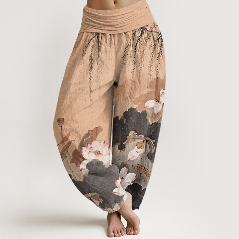 Pantalon sarouel décontracté à taille élastique pour femme avec motif de fleurs de lotus et Buddha Stones - Puff aux pêches - US22，UK/AU26，EU54 (6XL) - image 5