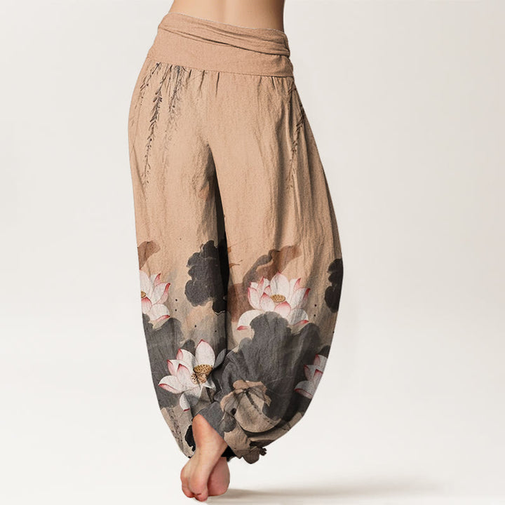 Pantalon sarouel décontracté à taille élastique pour femme avec motif de fleurs de lotus et Buddha Stones - image 7
