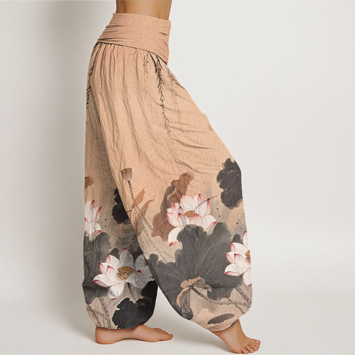 Pantalon sarouel décontracté à taille élastique pour femme avec motif de fleurs de lotus et Buddha Stones - image 5