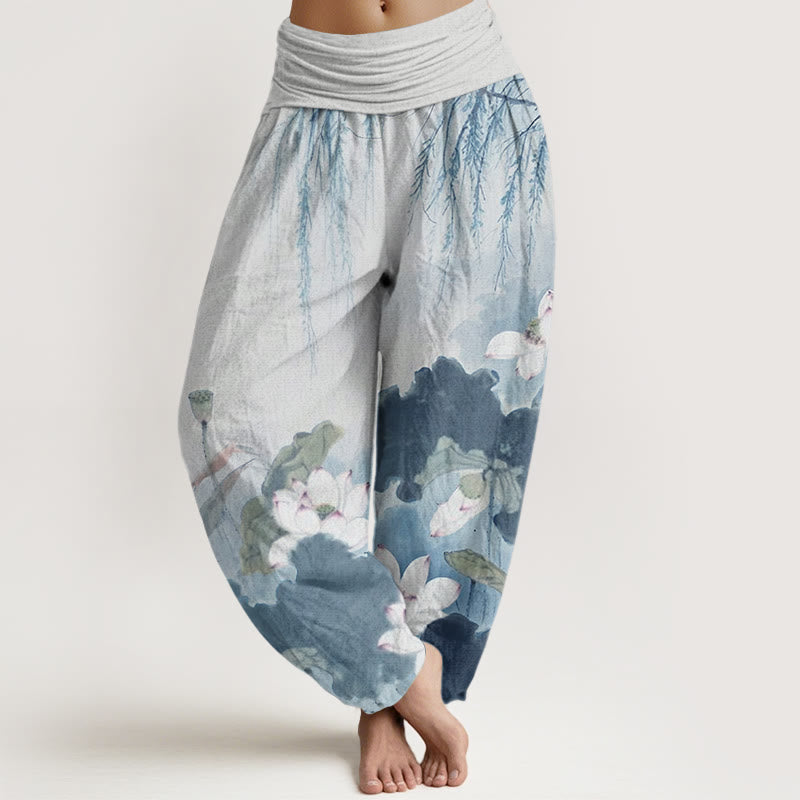 Pantalon sarouel décontracté à taille élastique pour femme avec motif de fleurs de lotus et Buddha Stones - Bleu ciel - US22，UK/AU26，EU54 (6XL) - image 7