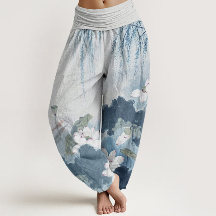 Pantalon sarouel décontracté à taille élastique pour femme avec motif de fleurs de lotus et Buddha Stones - Bleu ciel - US22，UK/AU26，EU54 (6XL) - image 8