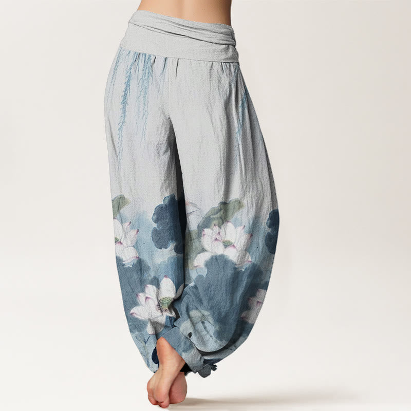 Pantalon sarouel décontracté à taille élastique pour femme avec motif de fleurs de lotus et Buddha Stones - image 9