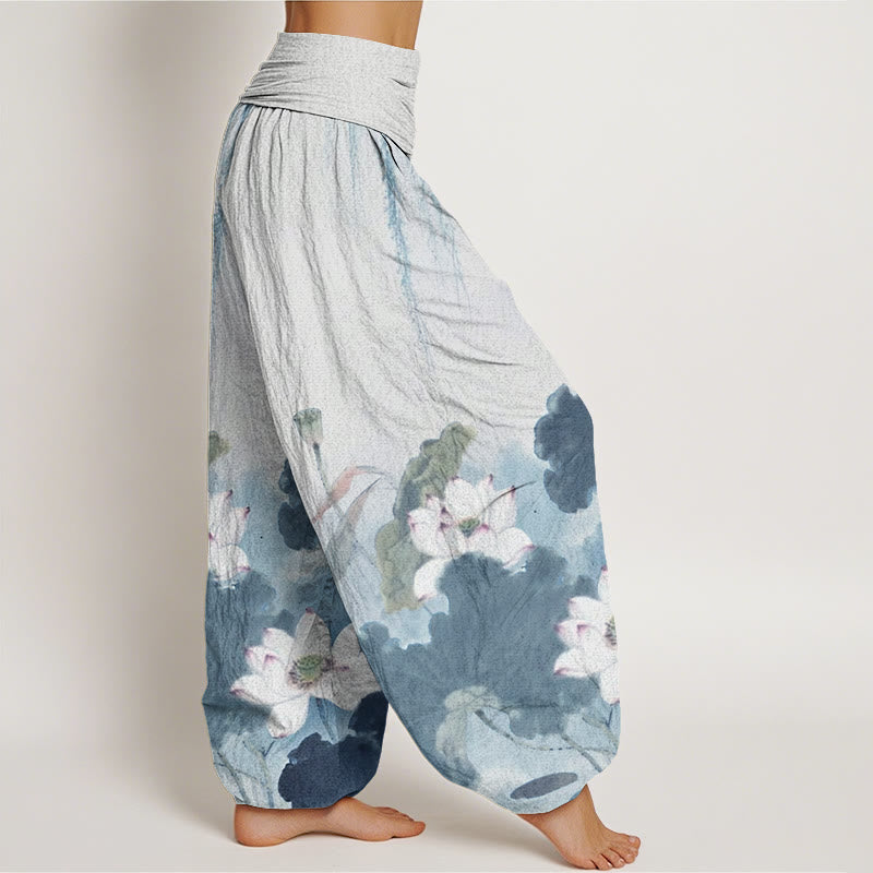 Pantalon sarouel décontracté à taille élastique pour femme avec motif de fleurs de lotus et Buddha Stones - image 9